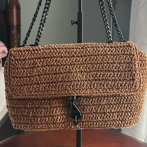 Rebecca Minkoff Edie Crochet Raffia Crossbody in Saddle/Black NWT